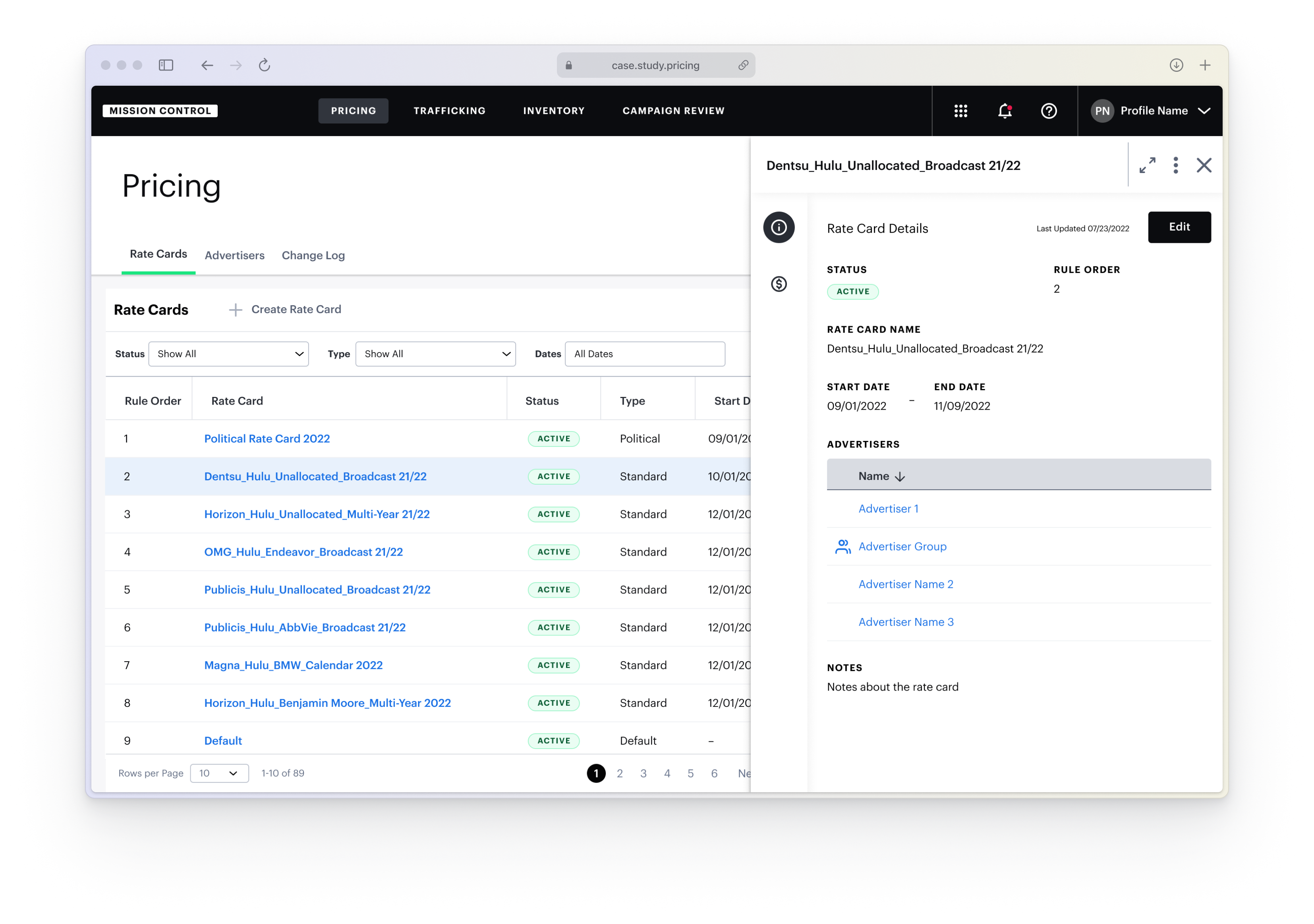 Pricing tool interface